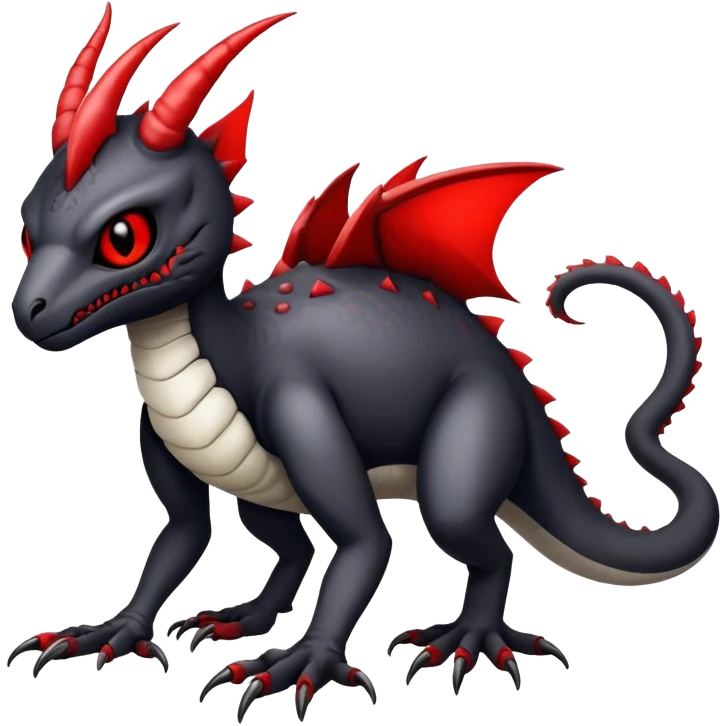 a white exotic edgy vernid-fionbr-Fakémon-creature, with black belly and red eyes, full body emoji