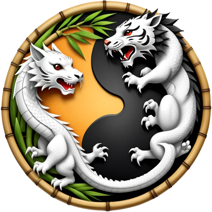 An icon symbolizing Eastern martial arts in the style of an emblem, featuring a black-and-white Yin-Yang symbol, a dragon, and a tiger. The dragon and tiger represent strength and agility, surrounding the symbol. Traditional elements like bamboo add to the design. Transparent background. emoji