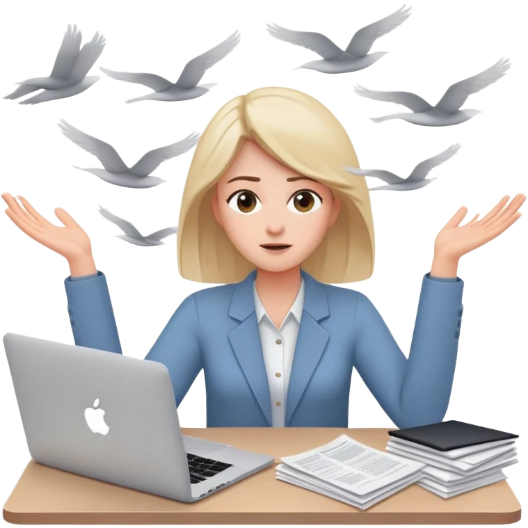 tired woman sitting at a desk with a MacBook, holding her arms out to the side, surrounded by lots of flying papers emoji