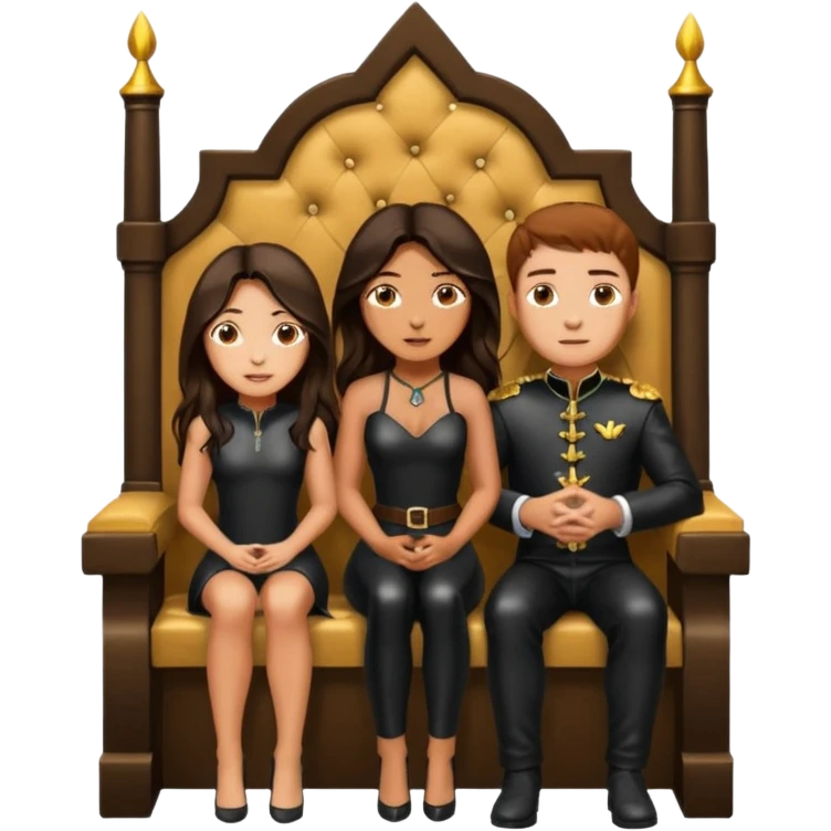 Tan skin with freckles, long dark hair, hazel eyes Dominatrix sitting on a throne. Man kneeling and worshipping at her feet.  emoji