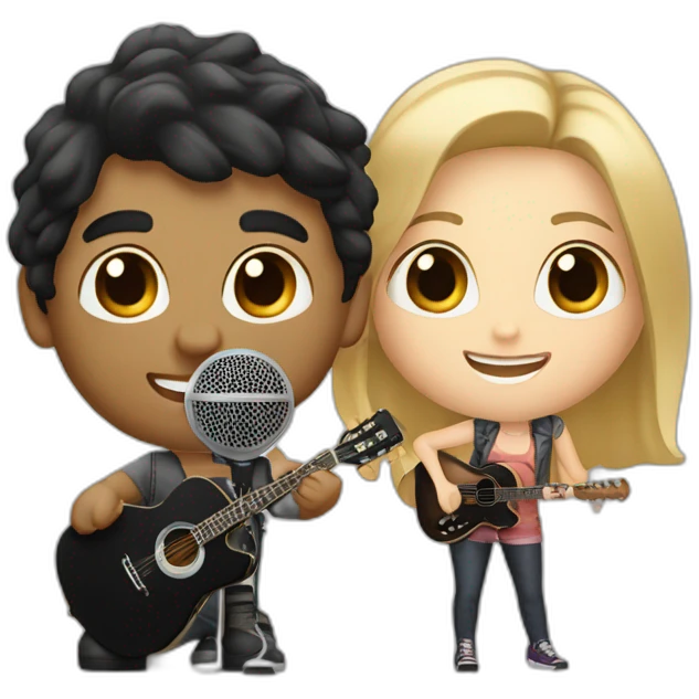 Blonde Caucasian boy with black guitar and a Caucasian girl with dark hair with a microphone emoji