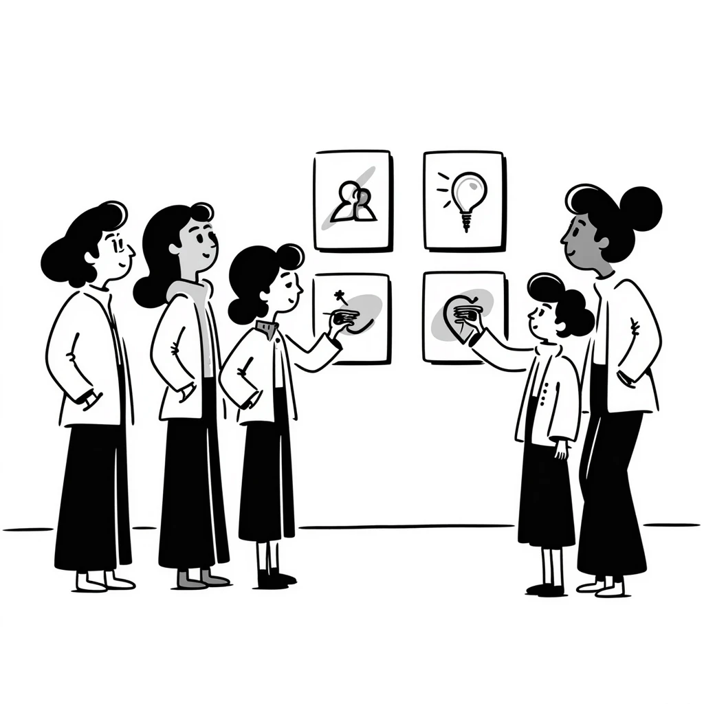 group of people standing looking at an art exhibit emoji