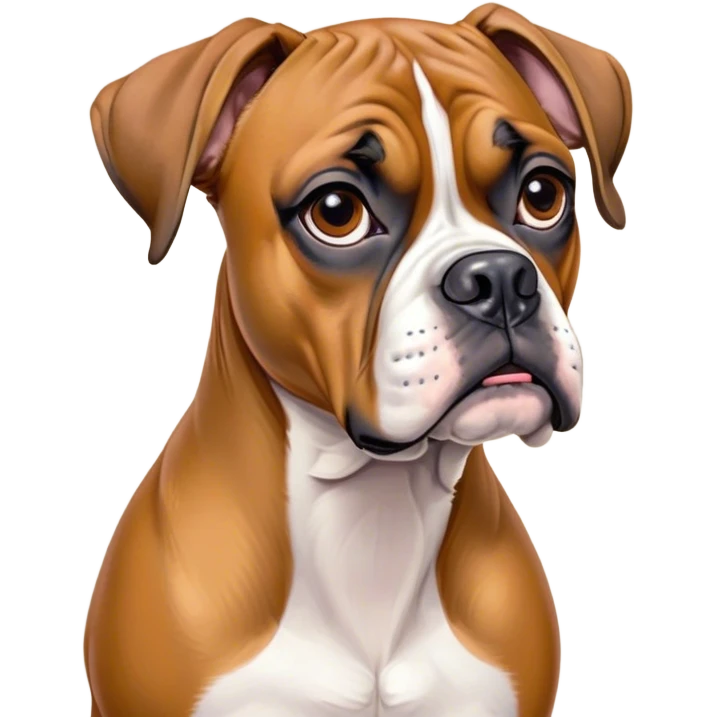Cinematic Grumpy Fawn Boxer Dog Portrait Emoji, Head tilted slightly with a deeply unimpressed expression, showcasing a robust fawn coat with a prominent white muzzle and chest, large, droopy brown eyes narrowed into an unamused glare, ears slightly drooping in exasperation, Simplified yet comically expressive features, highly detailed, glowing with a dry, sarcastic glow, high shine, effortlessly judgmental yet dignified, stylized with a touch of cynicism, bright but brooding, soft glowing outline, capturing the essence of an eternally unimpressed yet endearing guardian, so lifelike it feels like it could sigh heavily at you in disdain at any moment! emoji