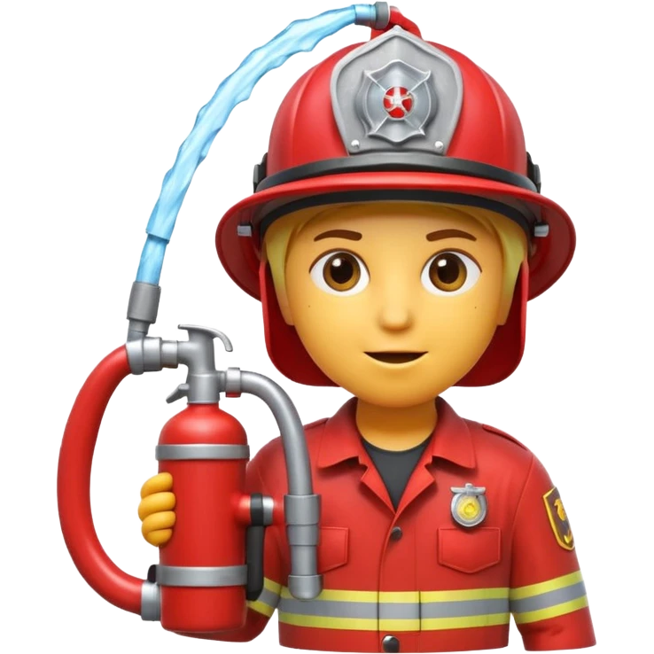 A 3D Apple-style emoji character dressed as a firefighter in a bright red uniform and helmet, holding a fire hose spraying water forward, determined expression with cartoonish eyes, water splashing effect, clean minimal background emoji