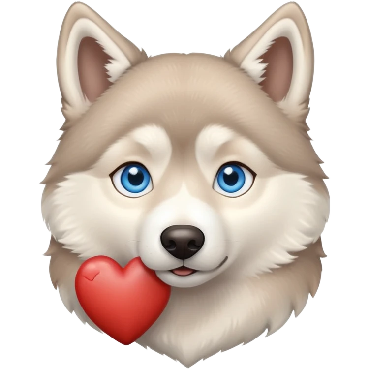 Beige husky with blue eyes holding a brown heart emoji