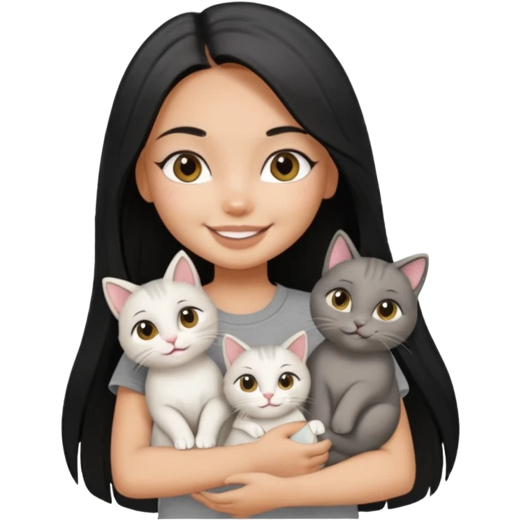 a pretty tan bratz girl with black long straight hair, wearing a grey tshirt smiling and holding 3 white cat\ emoji