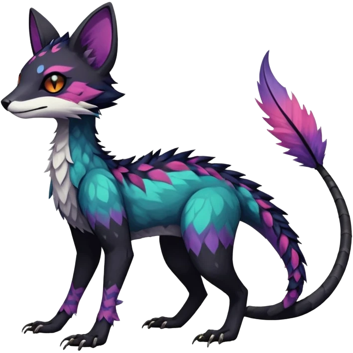 Rare realistic exotic edgy dark gothic gloomy epic pretty beautiful handsome gorgeous aesthetic colorful vibrant Vernid-Trico-species-Fakemon-creature by LiLaiRa, 4 legs, 1 tail, random markings, (full body) emoji