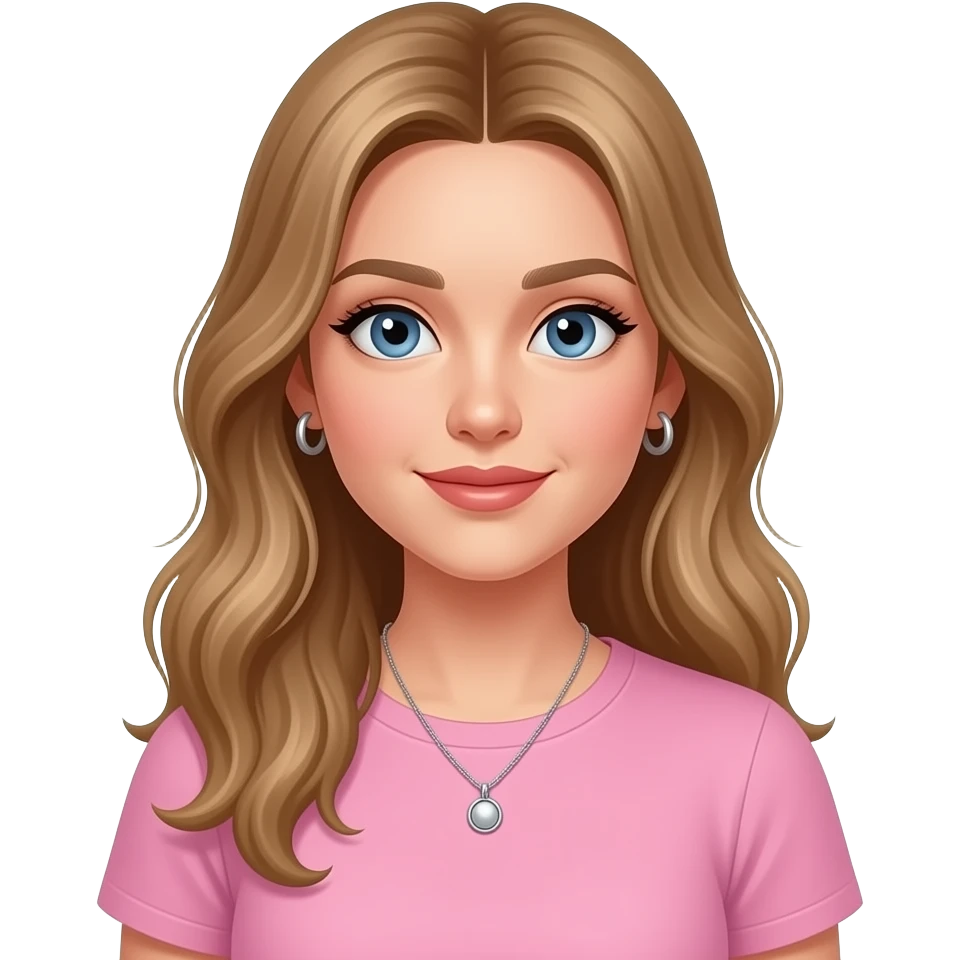 woman, blue eyes, late twenties, mousey blonde hair, long wavy hair with middle parting, baby pink t shirt, silver pendant necklace, small silver hoop earrings emoji