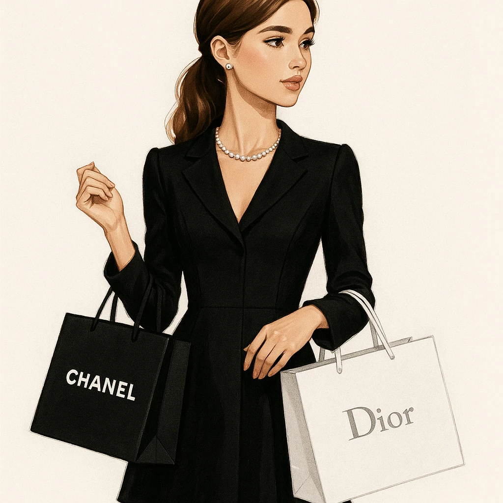 A respectable girl holding shopping bags from Chanel and Dior, elegant and stylish, modern fashion illustration. emoji