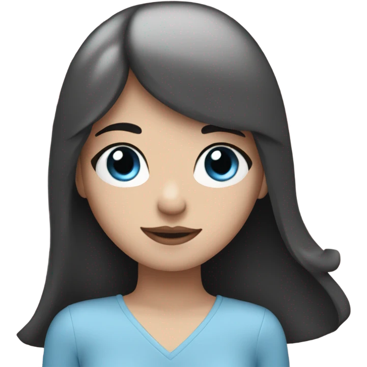 white girl with blue eyes, black hair, bangs, and hearts all around her emoji