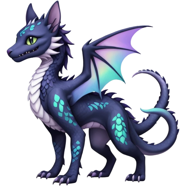 Kawaii black pastel iridescent beautiful pretty elegant divine edgy fantasy feline-vernid-sergal-Haku-dragon-fursona animal creature, full body with intricate markings  emoji