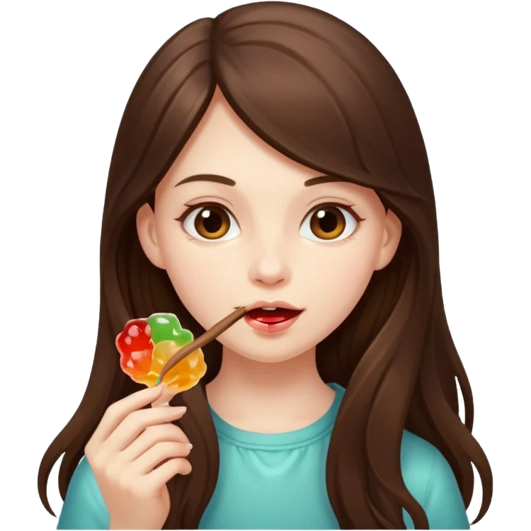 beautiful pale brunette girl with long hair eating a stick of jelly emoji