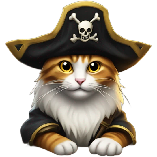 dungeon master is a cat with a pirate hat sitting down at game table emoji