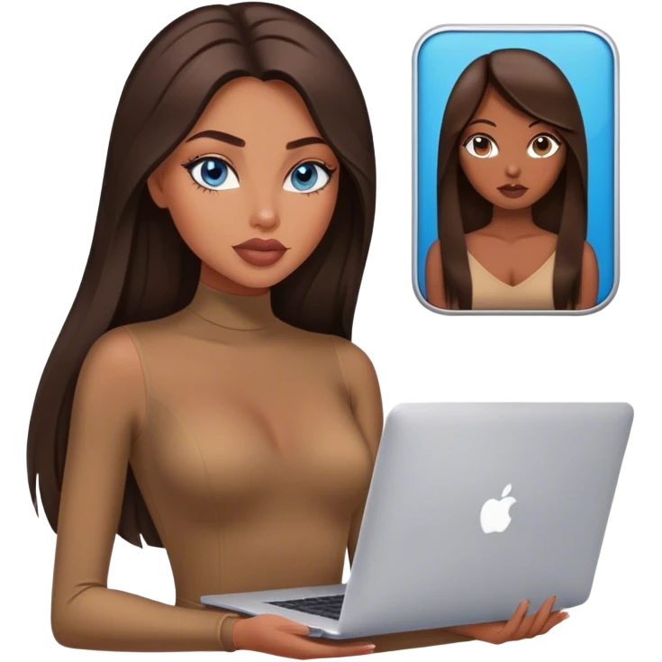 Glamours tanned very beautiful girl with big pump peach lips and dark chocolate straight smooth long hair, blue eyes in brown/beige bodysuit with MacBook emoji