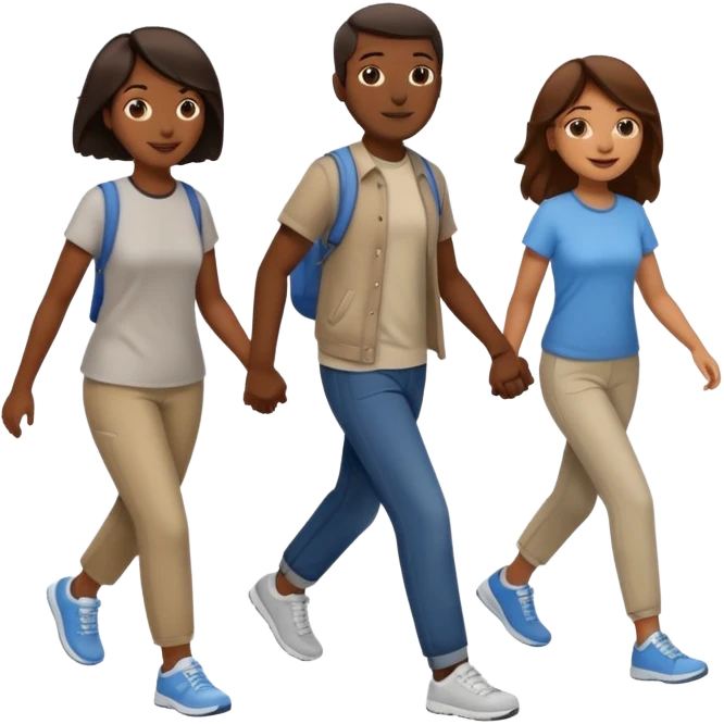 iOS emoji style - a dark men and 2 brown women in casual clothes and wearing trainers. Walking in the same direction quickly together. 
Not holding hands. No backpacks. 
 emoji