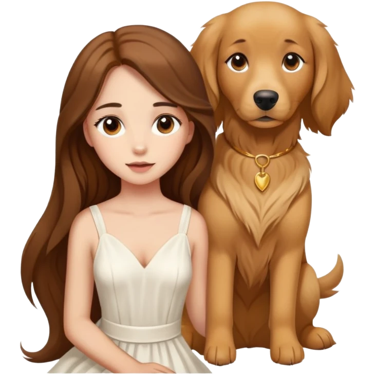 A beautiful girl with big eyes, fair skin, long brown hair with white dress and a Golden Retriever dog emoji