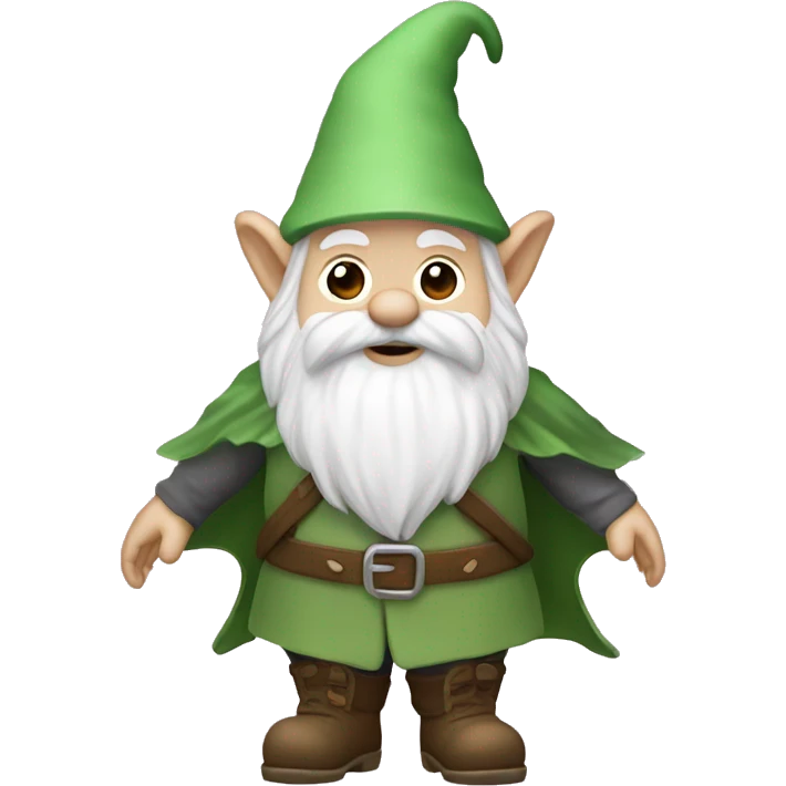 gnome with white sharp hat, white beard, white eyebrow, white mustag, green cape and pink net for catching butterflies emoji