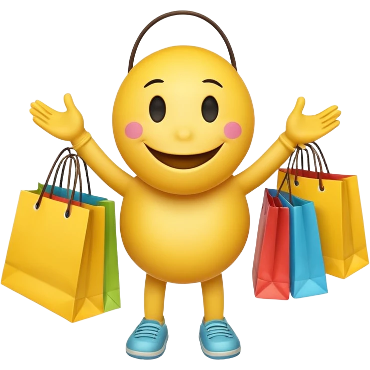 HAPPY SMILEY FACE WITH HANDS AND FEET EMOJI WITH SHOPPING BAGS IN EACH HAND emoji