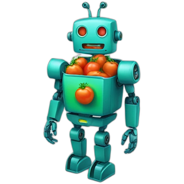A blue-green robot that eats carrots and tomatoes emoji