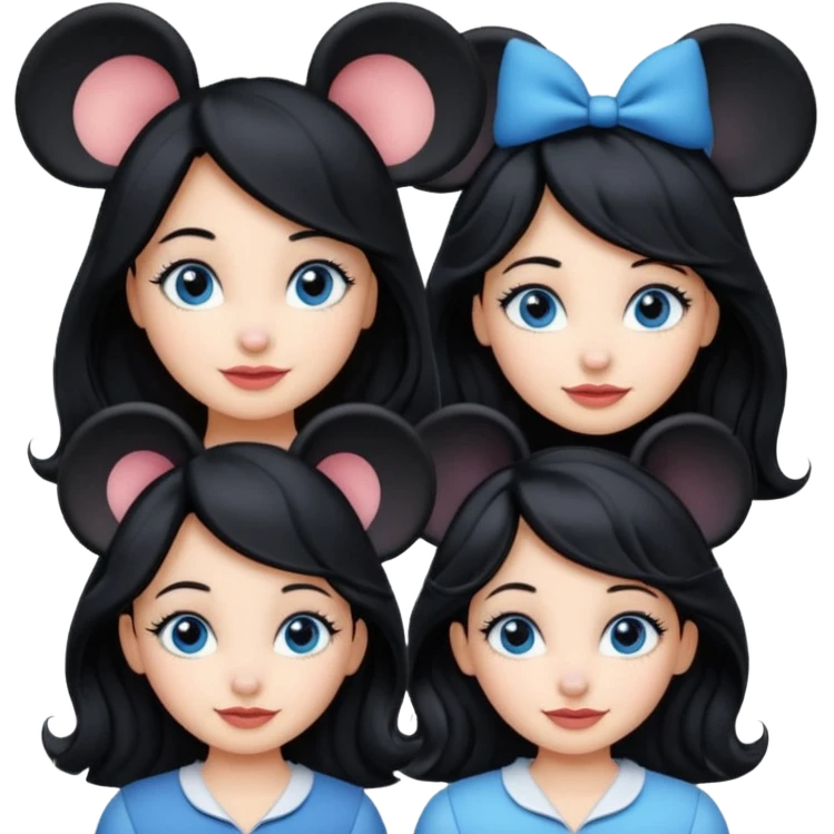 escribe el nombre Disneyland Paris y para titulo, pon a quatro chicas: una pelo corto negro, una pelo rizado largo, una pelo largo liso y la otra pelo ondulado mediano, esta con el ojos azules. Todas tienen piel carne emoji