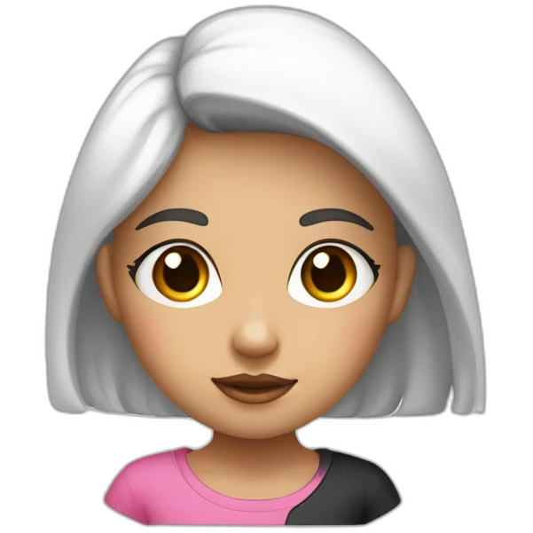 niña blanca con pelo largo liso negro con ojos marrones con camiseta rosa emoji