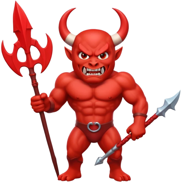 Red devil emoji, 3D cartoon style, muscular body, bright red skin, big curved white horns, angry face, sharp teeth smile, holding red trident, glossy emoji texture, centered character, GREEN SCREEN BACKGROUND, solid green color emoji