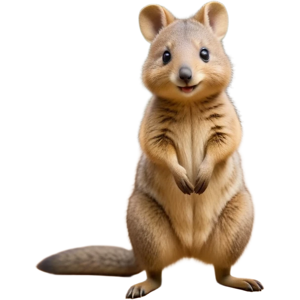 cinematic-quokka wallaby-realistic-full-body-standing on its hind legs hunched over-emoji,-small-round-frame-balanced-on-tiny-strong-hind-legs,giant fluffy cheeks large smile-fluffy-brown-fur-radiating-a-warm-softness,-big-round-eyes-filled-with-joy-and-innocence,-tiny-clawed-paws-held-close-to-chest,-cheerful-smile-exuding-endearing-happiness,-simplified-yet-realistic-focused-features,-highly-detailed,-glowing-with-a-sunny-warmth, skinny tail emoji