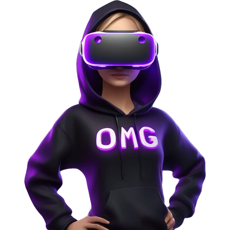 Russian girl wearing black hoody with violet letters "OMG", in vr headset oculus quest2. Dancing. Cyberpunk style. Violet neon. emoji