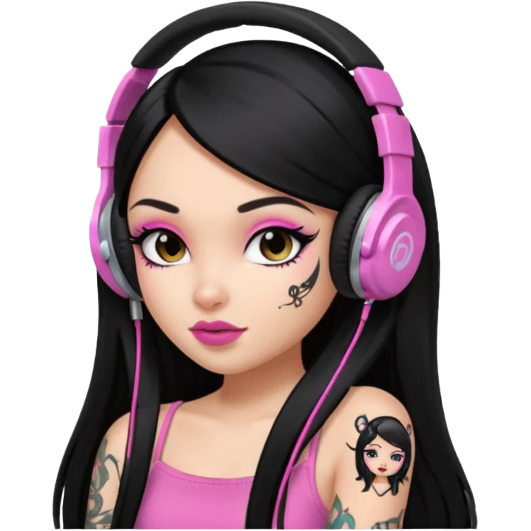 generate a pretty bratz girl with black long straight hair and headphones on, tattoo on shoulder, eyeliner on emoji