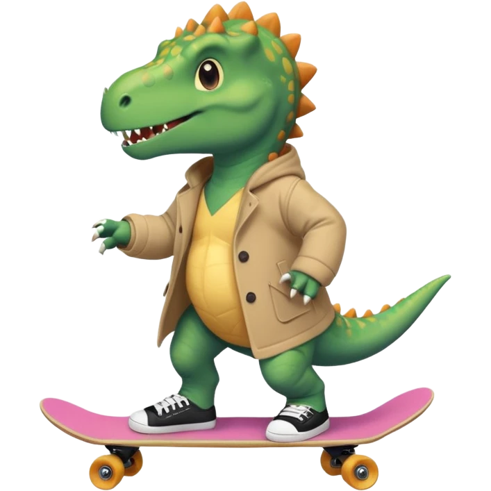 a dinosaur on a skateboard wearing a coat with sneakers in the bottom a cute pokie hairball on the top emoji
