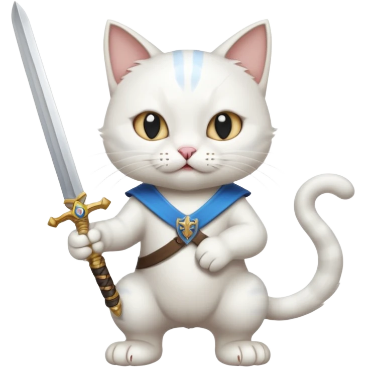 un gato blanco con una espada en cada mano y una en la boca emoji