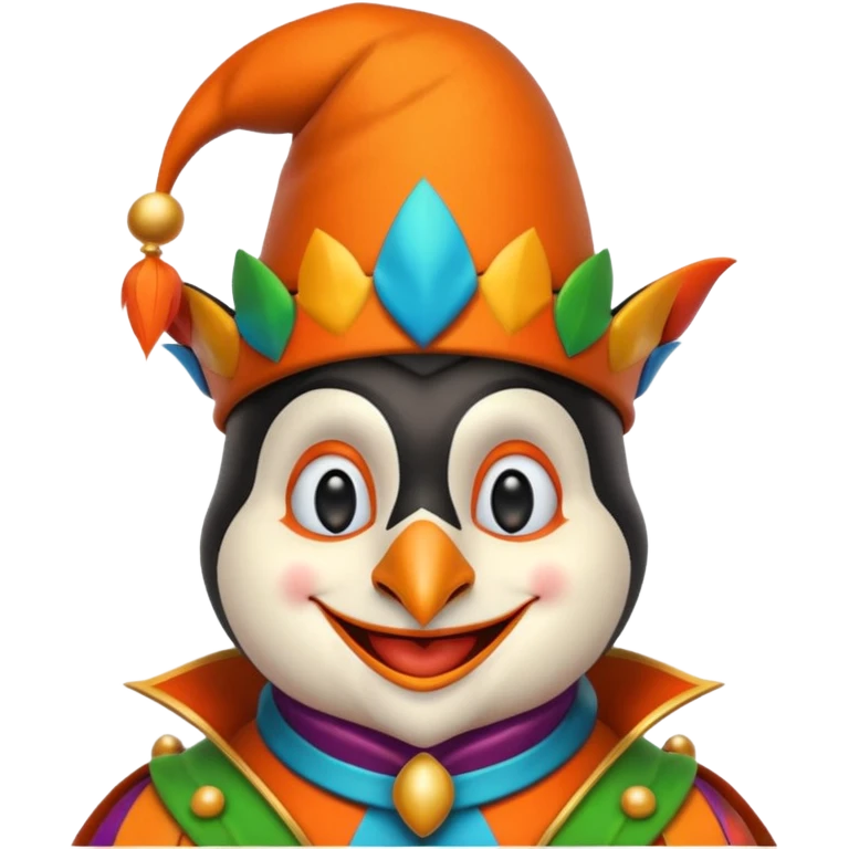 crazy funny colorful penguin jolly joker, medieval, vintage, court jester, mac os icon, orange color emoji