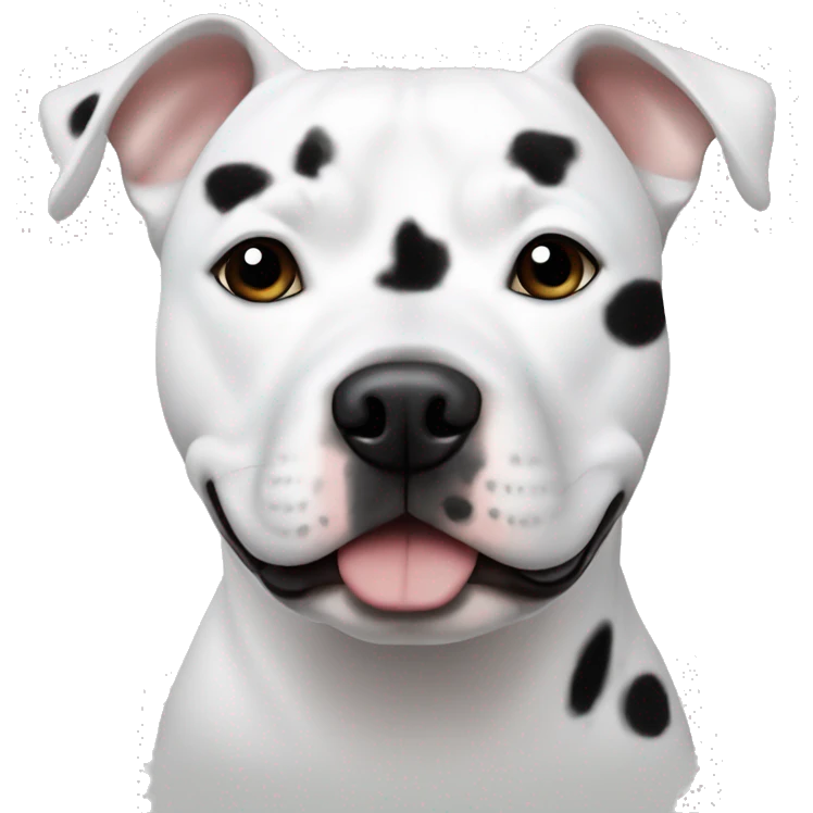 A White Staffy with tiny black spots scattered around middle of his face and nose in a Apple style emoji