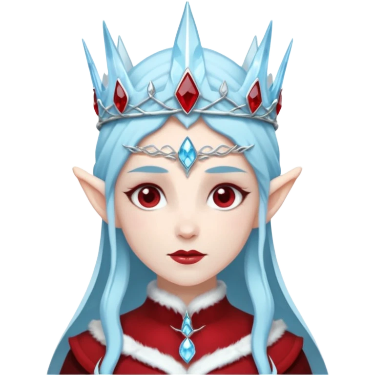 Fantasy elf portrait emoji, icy blue crystal crown with deep red accents, elegant elven features, cold noble winter expression, ice and crimson color palette, minimal clean design, flat readable emoji style, male/female variant emoji