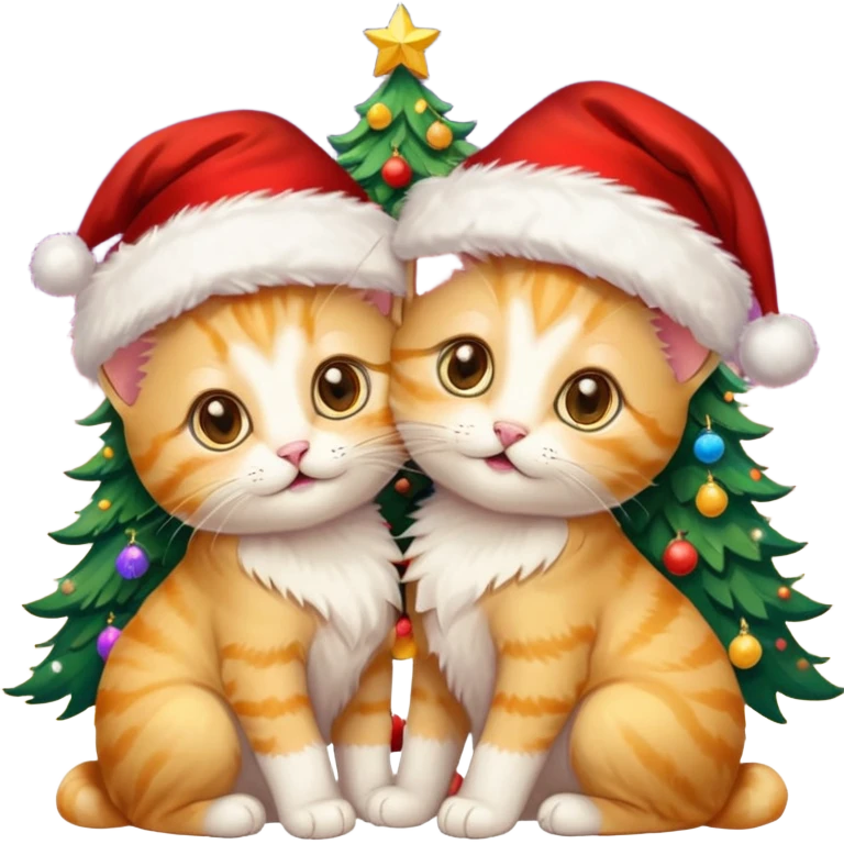 2 hazel eyed cute hugging happy fluffy gold twin kittens with Santa hats by a colorful multicolored brightly lit up Christmas trees emoji