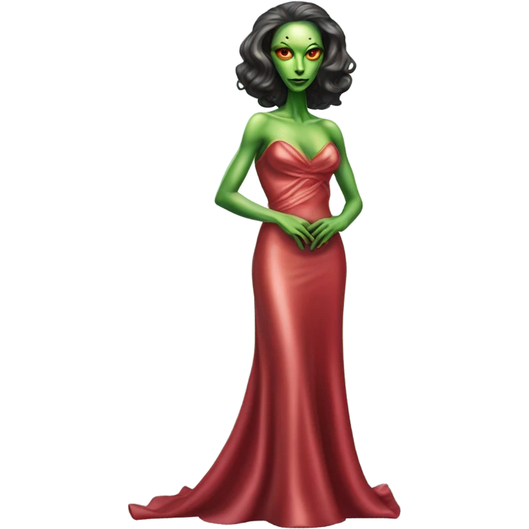 reptilian green alien woman, in long slim pastel red formal party satin dress with gradient shiny sparkling dark red, full figure, full body emoji