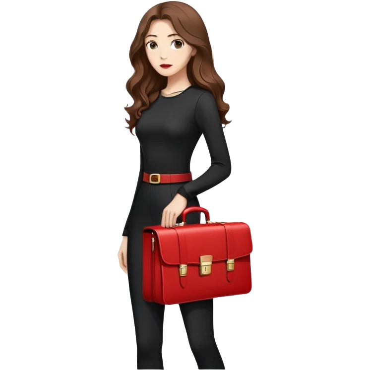 Young woman with long wavy brown hair, wearing black tight-fitting clothes with long sleeves. She is holding a large red briefcase with metallic details. View in profile, neutral facial expression, background is light and minimalistic. The style is modern and elegant. The emoji should convey a sense of confidence and style. emoji