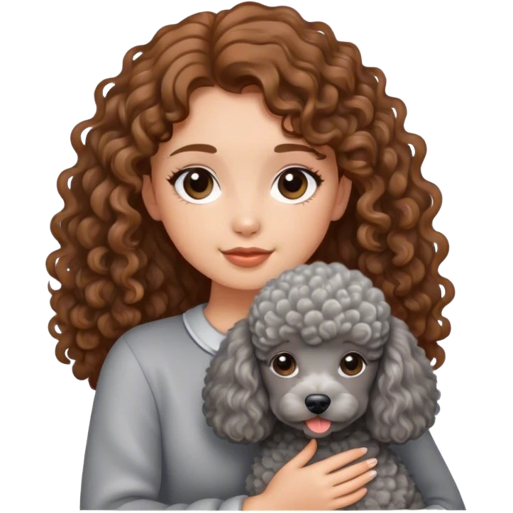 A girl with caramel brown hair holding a grey poodle emoji