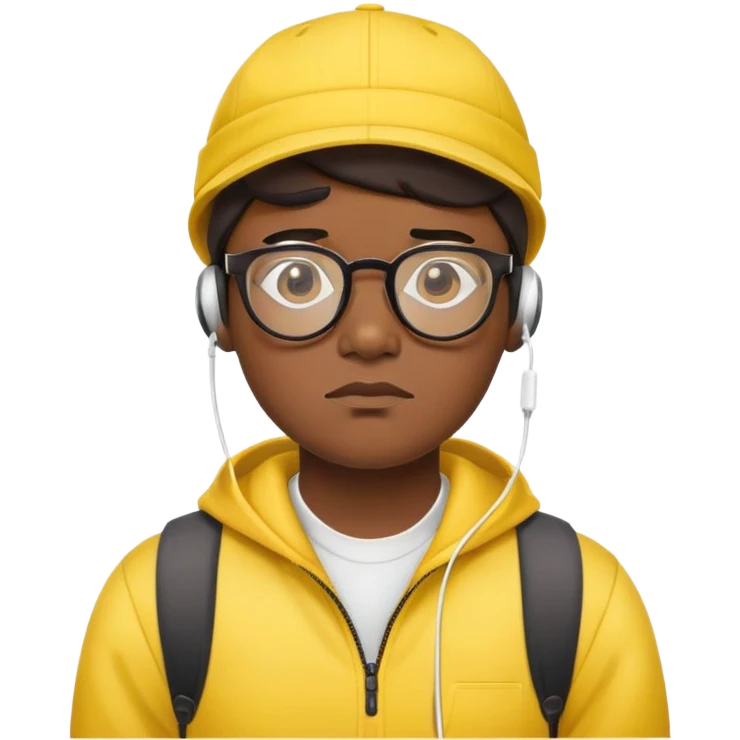 "- Nam
- 30 tuổi
- Da đen
- Đội mũ lưỡi trai vàng
- Đeo kính, airpod
- Mặt buồn
" emoji