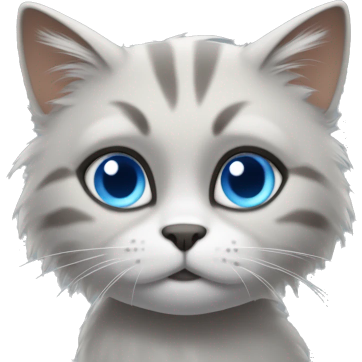 A cat with grey fur that has blue eyes, with a textin orangy letters saying rip above it head emoji