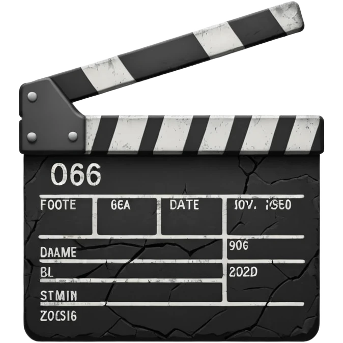 Minimalist emoji-style sticker of a cracked movie clapperboard with the date “06/06/66”, faint scorched marks, all in grayscale


 emoji