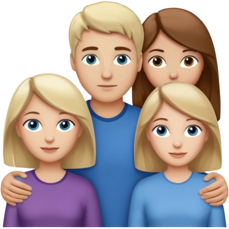 3 people. Throuple. Blank woman with blond hair and blue eye color on left. And also a blank man with brown hair and grey eye color in the middle. And a blank woman with brown hair and grey eye color on the right. Holding each other emoji