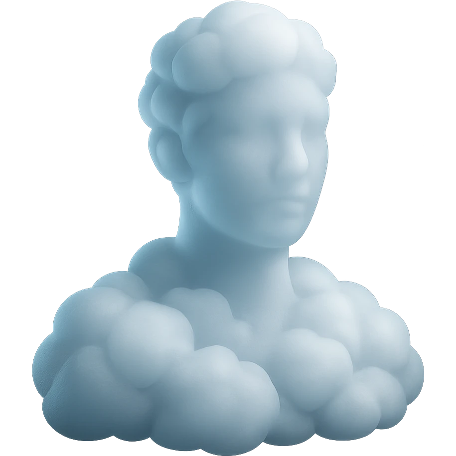 person looking straight, made entirely of white fluffy convex clouds, shoulder up, matte glass style, clouds with slight transparency, no background emoji