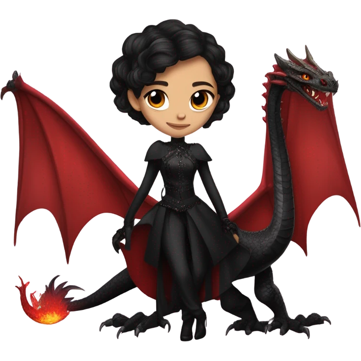 Lavish Victorian evening gown with gloves, Jenna Ortega as Addams Jedi wearing a mini tiara, riding on the back of a very large blood red evil-looking horned firedragon emoji