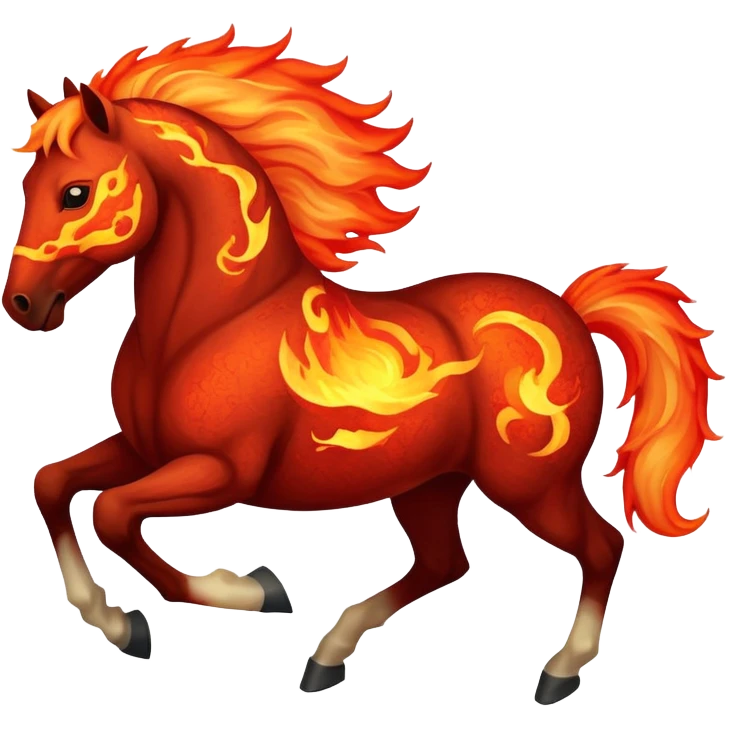 Red fast fire horse made of embers, magma, visible lava, burning, with ash particles surrounding it. Horse galloping with a fiery mane and tail. emoji