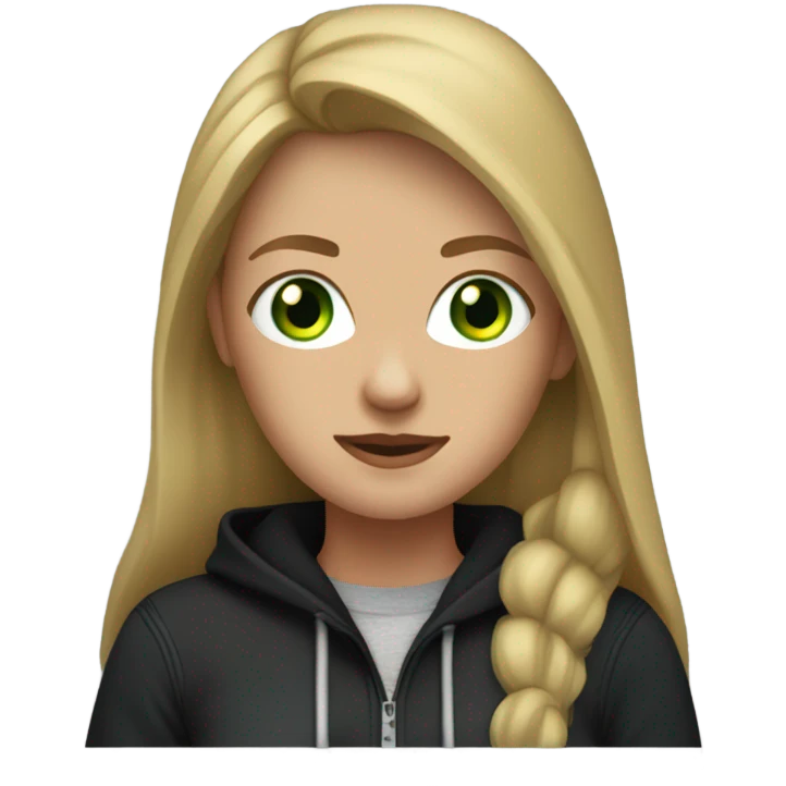 woman with long dirty blonde hair, green eyes, wearing black hoodie and jeans emoji