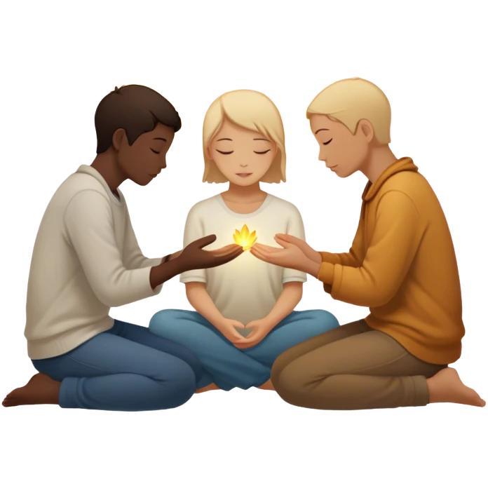 A silhouette of a person sitting with their head down, surrounded by two souls—one offering a hand and another radiating warmth, symbolizing kindness. A soft light behind them represents hope, unseen but present. 🌅 emoji