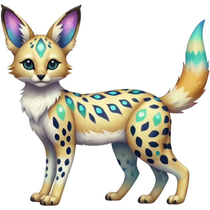 Rare iridescent white exotic epic aesthetic colorful Trico-Eevee-Serval-Genet-species-Fakemon-hybrid-creature, with intricate tattoo markings, full body emoji