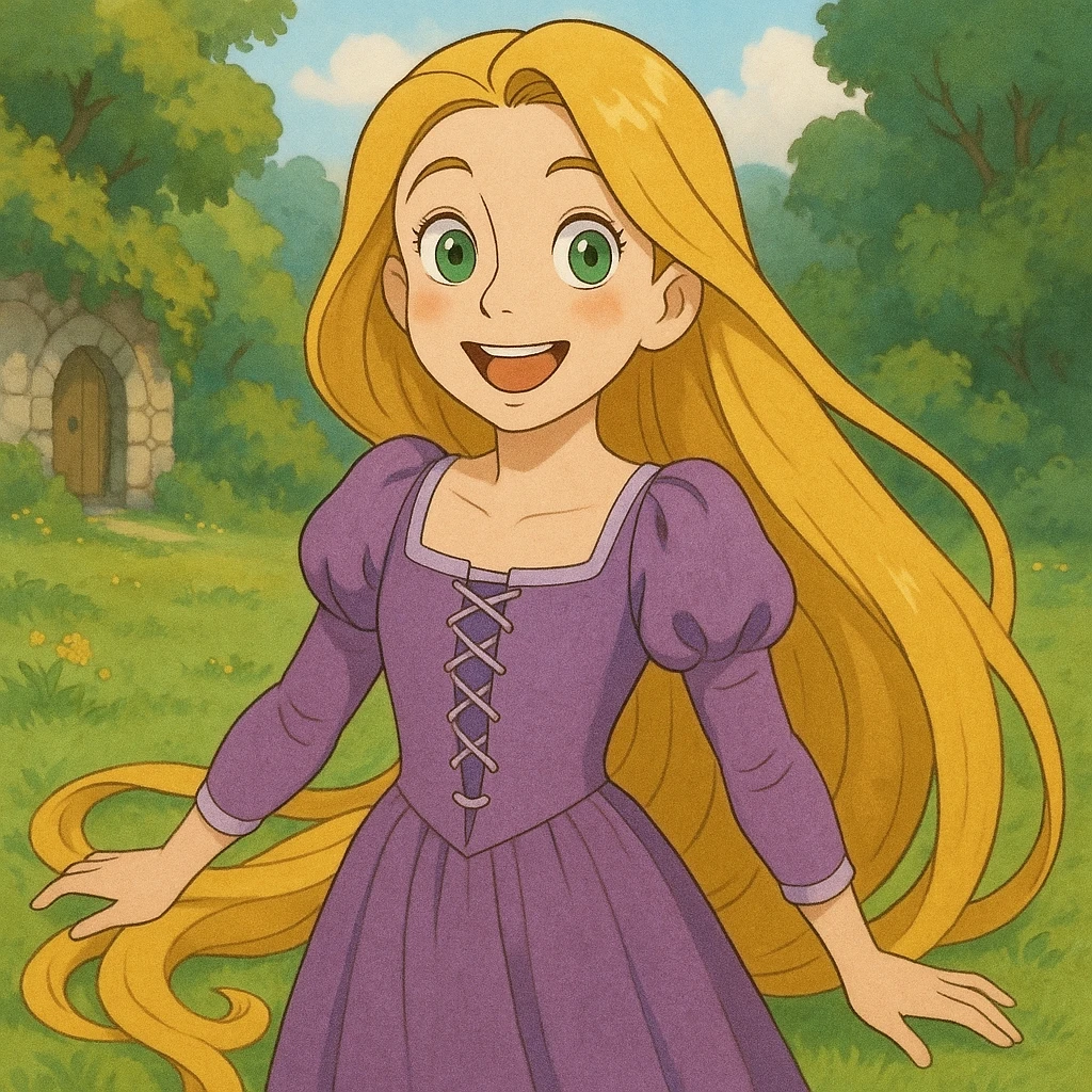 a girl with long golden hair inspired by Rapunzel, wearing a purple dress, cheerful expression, large green eyes, fair skin, whimsical fairytale style emoji