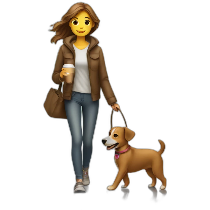 A dog walking with a girl holding a coffee emoji